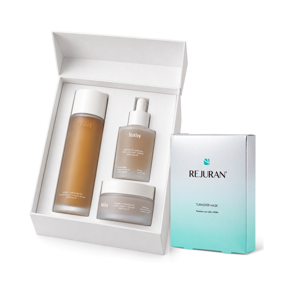 Huxley Core 3 Set in its white box with a box of REJURAN Turnover Masks